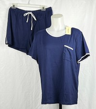 NEW NWT Ekouaer Navy Blue Poly Knit Short Pajama Set Women's XL