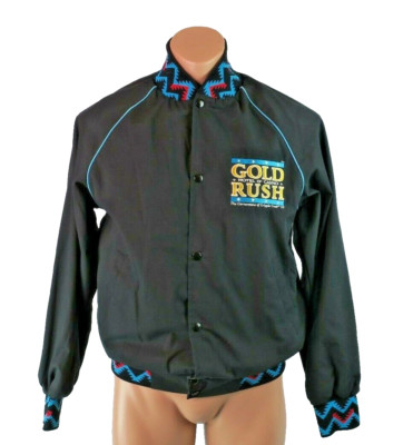 VTG 80s Cripple Creek, CO GOLD RUSH Casino Gold Black Aztec Bomber Jacket S USA
