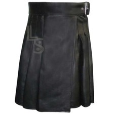 Scottish Buckled Pleated Handmade Black Cow Leather Kilt, For Men