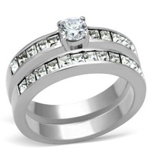 Princess ring set silver solitaire band engagement wedding stainless steel cz