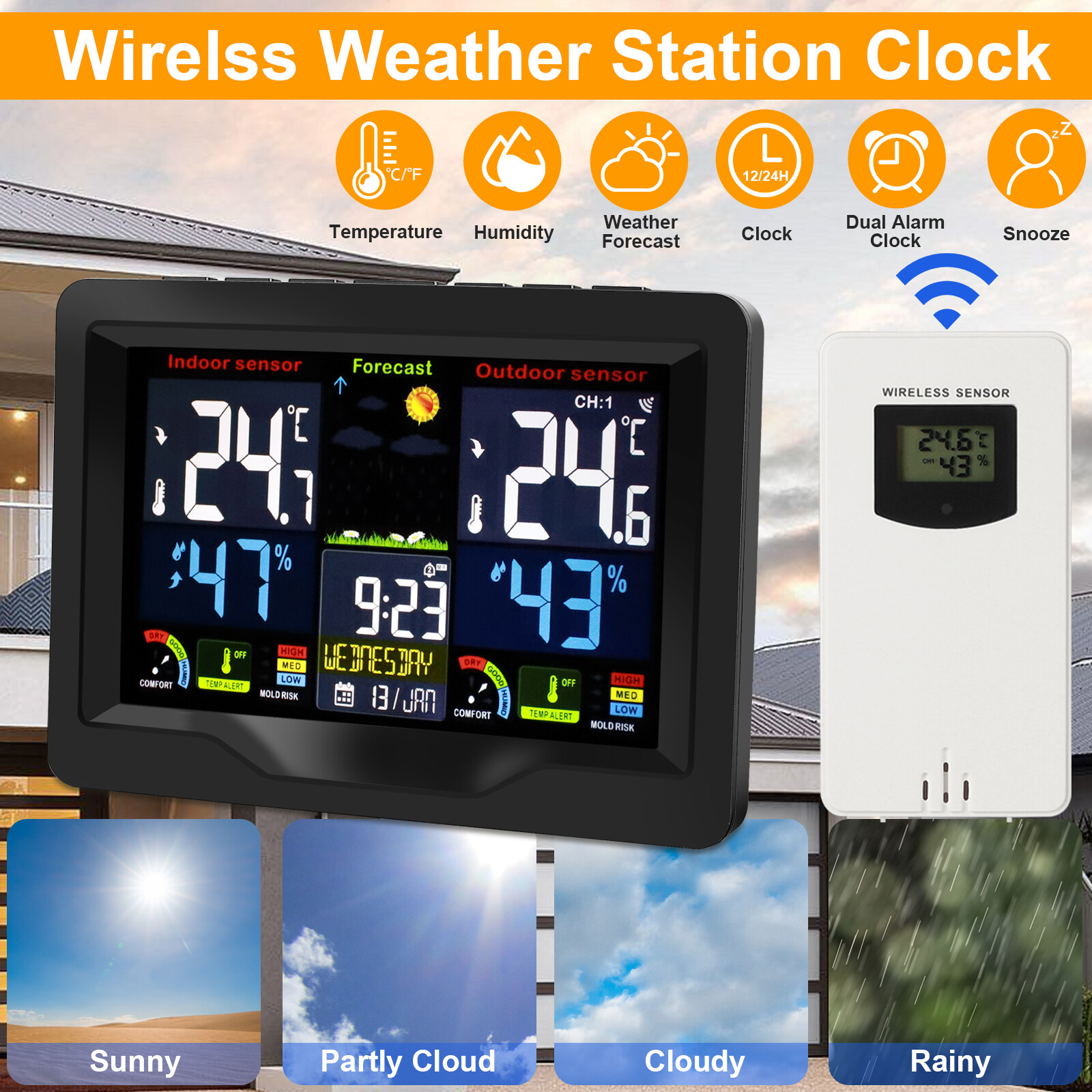 Clock Indoor Outdoor Thermometer Humidity