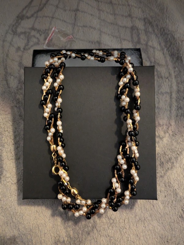 Vintage Braided Gold Chain with Black & Pearl Beaded Necklace Signed Trifari TM