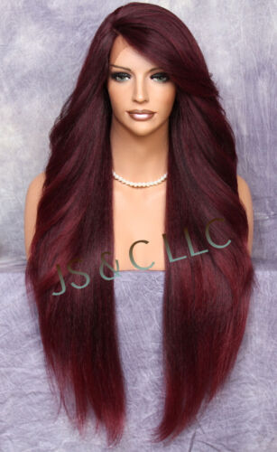Ex Long Human Hair blend Heat OK Full Lace Front Wig Black Burgundy Mix WBPC  - Afbeelding 1 van 9