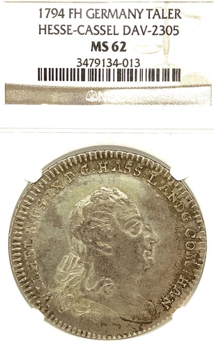 German States Hesse-Cassel 1794 Taler Coin Thaler NGC MS 62 VZ/F.STG UNC D 2305