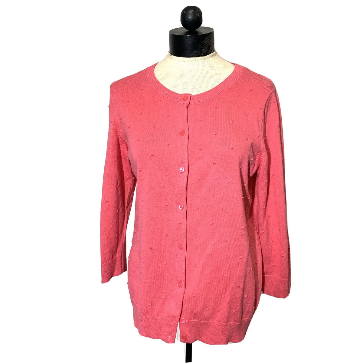TALBOTS Womens PM Hot Pink 100% Cotton Three-Quarter Sleeve Cardigan Sweater