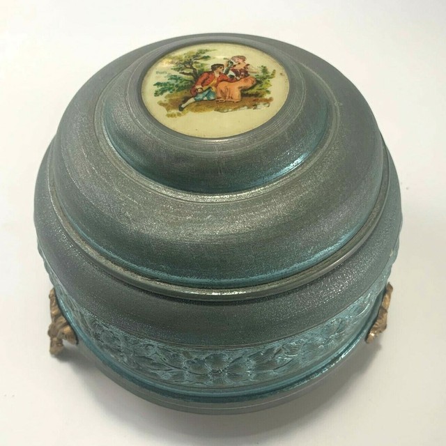 Antique Powder Puff Jar Music Box Colonial Scene Metal Aluminum eBay