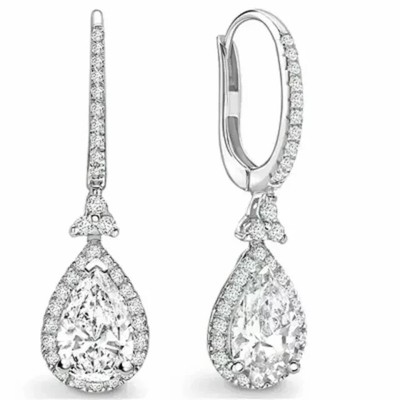 3.50 CT Pear Cut Moissanite Halo Drop/Dangle Earrings Real 925 Sterling Silver