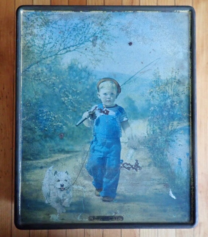 VTG BISCUIT TIN: A BOY AND HIS DOG. "THE OPTIMIST."  8" x 6" x 2".  RARE FIND