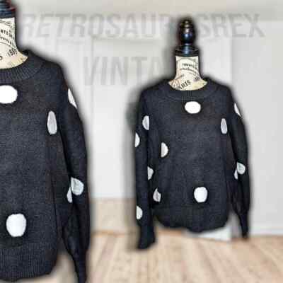 Heart N Crush Quirky Twee Black & White Polka Dot Pullover Sweater, XL