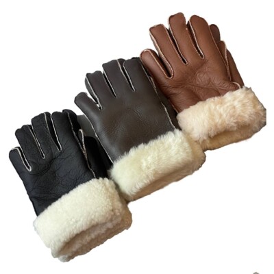 LEATHER FUR WARM GLOVES REAL GENUINE SHEEPSKIN SHEARLING LEATHER Winter S-2XL