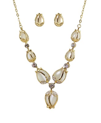 White tulip flower necklace and earring set in white cat eye stone and crystals