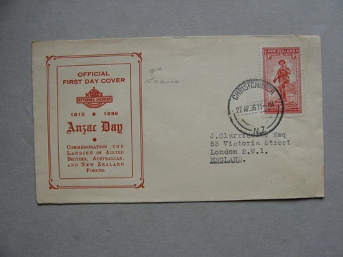 NEW ZEALAND, cover FDC to England 1936, ANZAC day, soldier