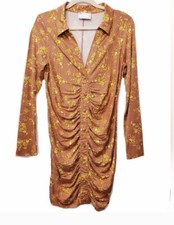 Asos Design Womens Shirt Dress Mustard Floral Ruched Front Collared Mini Size 6