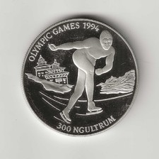 Bhutan 300 Ngultrum 1992 1 oz 925 Silber Olympia Lillehammer 1994 Eislauf