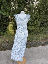 Cider Toile de Jouy Ruffle Slit Midi Dress Blue White Cottagecore Size L NWT