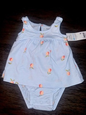 Carter s Peaches Light Blue Creeper  Dress W Bow Shoulders NWT 0 3 6 9 18 24 M