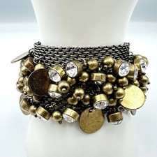 Vintage Gold Tone Mesh Cuff Bracelet Rhinestone Cha Cha Disk Dangle Statement