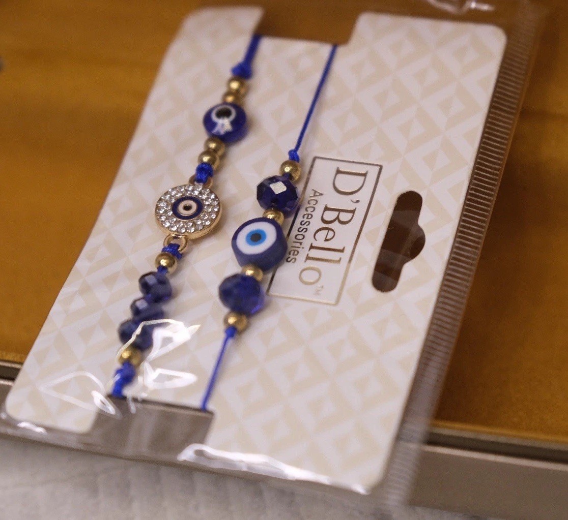 D'Bello Blue & Gold Beaded Adjustable Cord Charm  Bracelets with Evil Eye Dangle