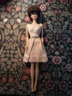 Vintage Brunette BubbleCut Barbie wearing pink Belle Dress and White Japan Heels