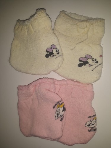 Vintage Disney Minnie Mouse Baby Mittens Set Of 2 RARE 1960s Pink / White
