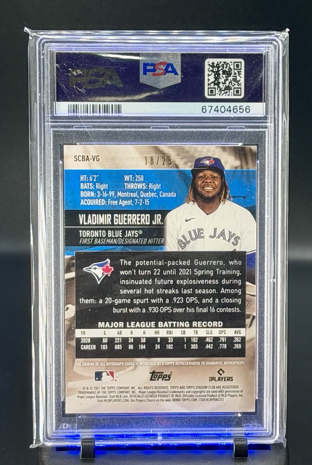 2021 Topps Stadium Club Auto Vladimir Guerrero Jr Black Foil /25 PSA 9 SSP JAYS view 2