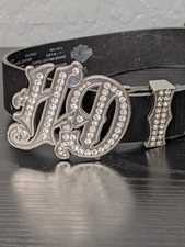 Women's Harley Davidson H-D Rhinestone Buckle Black Leather Belt 97766-11VW Xs