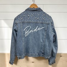 Bride Women  s Denim Blue Jean Jacket With Pearls Wedding Bachelorette Sz XLarge