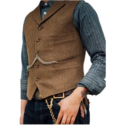 Mens Vintage Tweed Waistcoat Vest Cowboy Wool Herringbone Vests M L XL XXL 3XL