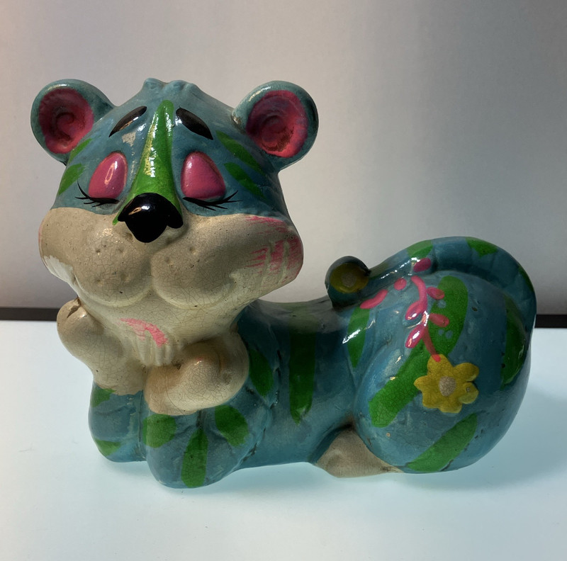 OSL 1966 Japan Ceramic Cat Piggy Bank Blue Green Pink Floral