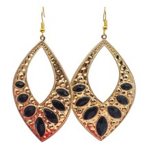Earrings Teardrop Shaped Black Rhinestones Textured Gold Tone Statement SKU 3057