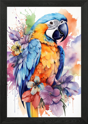 Parrot with Flowers Framed Wall Art Poster Canvas Print Picture