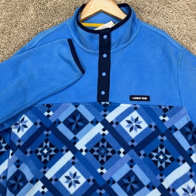 Lands End Heritage Pullover Womens L 14-16 Blue Long Sleeve Fleece Snap Neck NEW