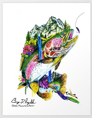Dark Mountain Arts  - Rainbow Trout Fly Fishing - Original Artwork Signed Print 