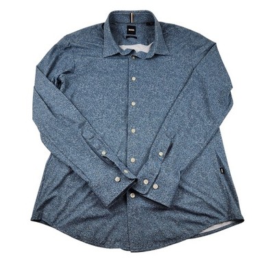 BOSS Roan Shirt Mens Medium Blue Slim Fit Stretch Floral Print Button Up