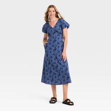 Women Puff Short Sleeve Midi Sundress - Universal Thread Dark Blue Floral