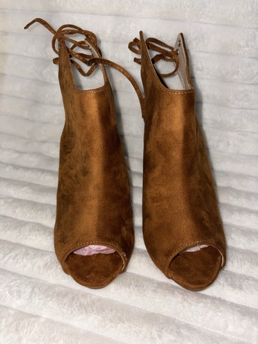 Chase + Chloe Tan Suede Peep-Toe Lace-Up Heels 8M