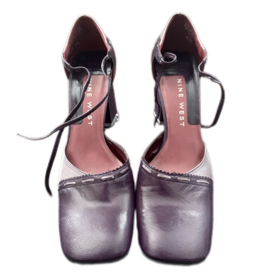 Zapatos de salón Nine West Hudson de cuero púrpura con tacón ancho - punta cuadrada con cordones vintage Foto 3 de 4