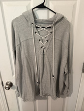 Aerie Women s Gray Pullover Knit Hoodie Lace-Up Drawstring Long Sleeve Size S