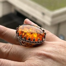 925 Silver Large Baltic Natural Amber Stone Ring