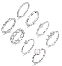 14K Gold/Silver Plate Stacking Rings Set for Women CZ Heart 8 Silver Tone