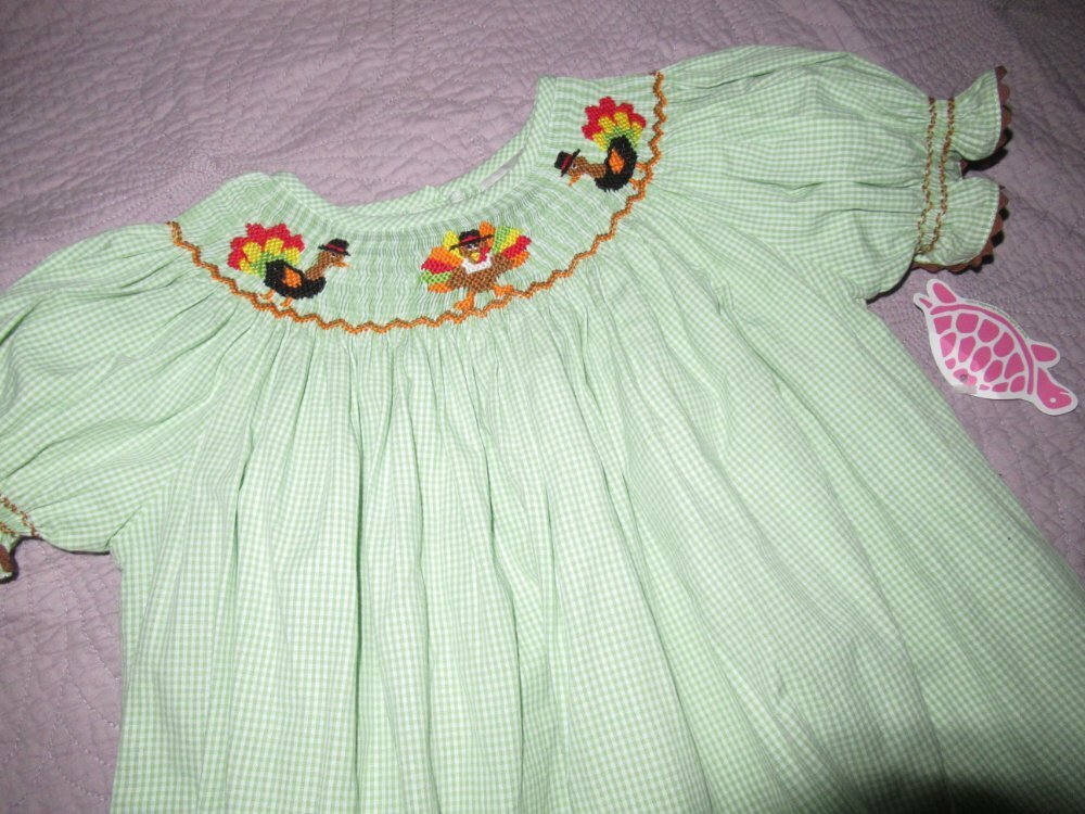 nwt Lolly wolly doodle green smocked Thanksgiving turkey bishop