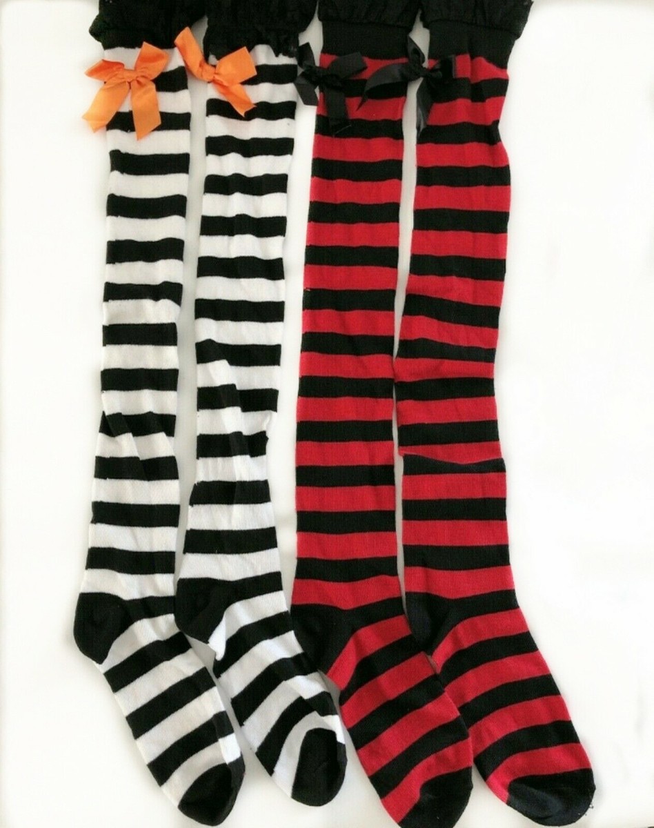 Women Lady Cotton Stripe Lace Thigh High Over Knees Stockings