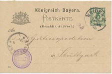 BAYERN "WEIDEN II" K1 auf 5 Pf Wappen-ANTWORT-GA n. "STUTTGART" 1893 STEMPELFEHL