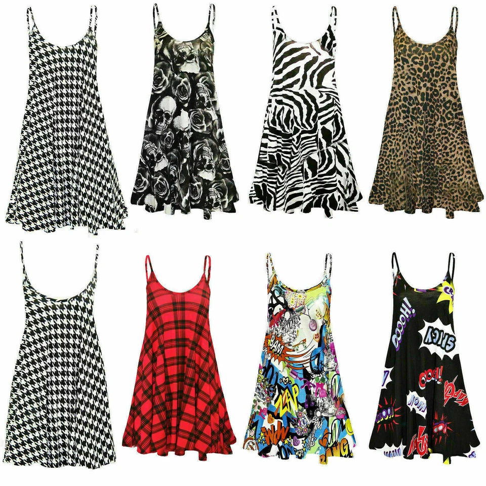 METLUQ Ladies Long Camisole Cami Printed Strappy Swing Dress Vest Top Flared Sleeveless