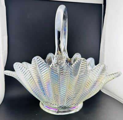 1960 s L E Smith  Feather Fern  Crystal Lustre Carnival Glass Basket 11.5x13.5