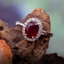 Natürlich Red Garnet Ring Halo 925 Sterlingsilber Art Déco Haufen Geschenk