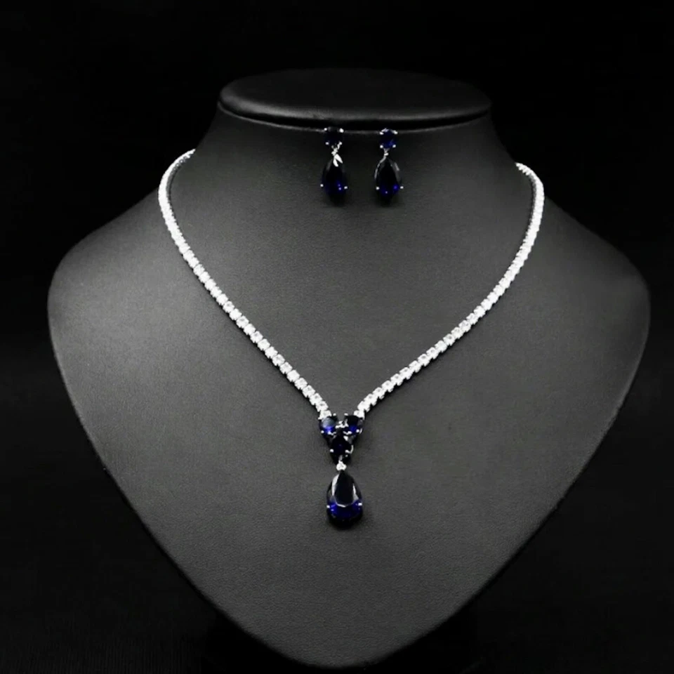 18k Platinum Filled Lab-Created Blue Sapphire Necklace Earrings Set Women’s Gift - Image 3 of 4
