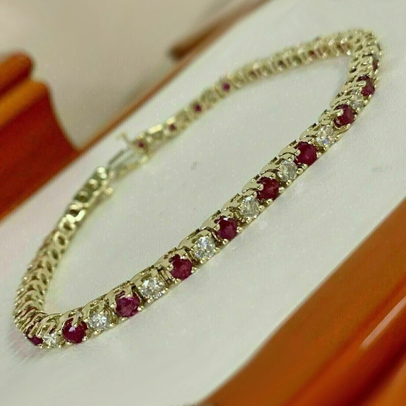 9Ct Round Cut Red Ruby & Diamond Women's Tennis Bracelet 14K Yellow Gold Over 7" - Image 4 of 4