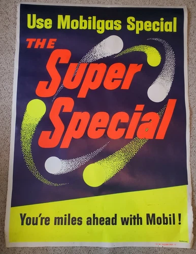 VINTAGE MOBILE GAS OIL ADVERTISING SUPER SPECIAL WINDOW POSTER / SIGN 46"