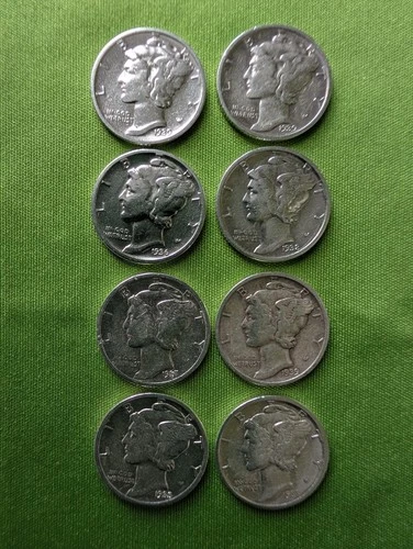 Mercury Dimes, Lot of 8 ($0.80 Face), 1935-1939, 90% Silver Dimes VG+VF
